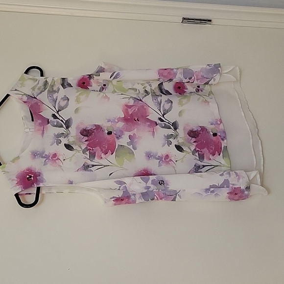 ROSE & OLIVE Fairycore Pink Floral Chiffon Sleeveless Layered Blouse - Picture 2 of 10